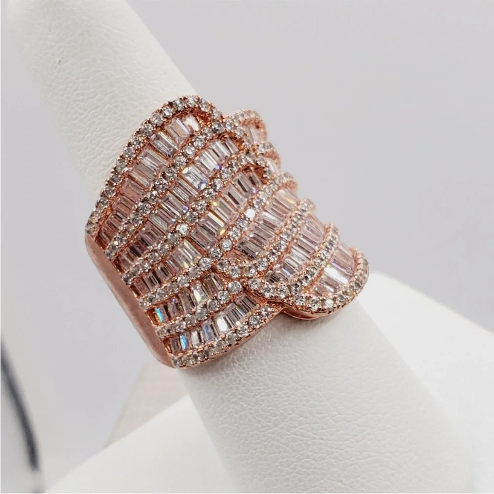 Round & Baguette White Diamond Simulants Rose Gold - 925 Sterling Silver Ring